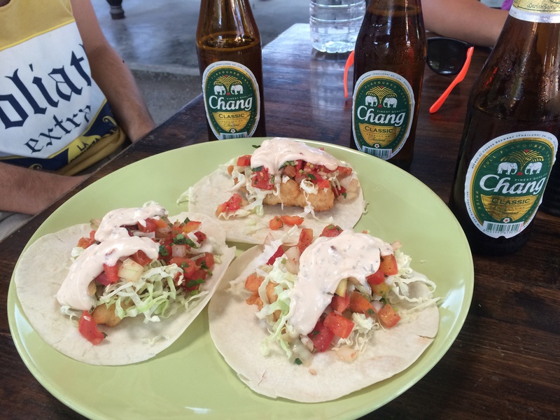 Thai beer and fish tacos work surprisingly well together.